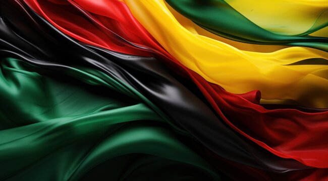 South Africa flag colors Black, Green, Yellow, and Red flowing fabric liquid haze background