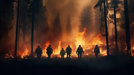 a group of firefighters on a forest fire a view from the back against the background of wildfire in the forest fiction, computer graphics
