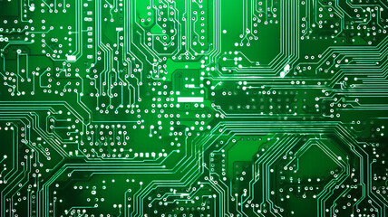 Fototapeta premium green microelectronics, microchip computer printed circuit board electronic chip, abstract fictional background