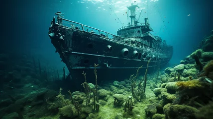 Rolgordijnen sunken ship landscape on the seabed, underwater view shipwreck artificial reef abstract fictional graphics © kichigin19