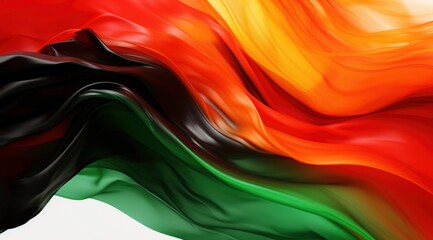 Zambia flag colors Green, Red, Black, Orange, and White flowing fabric liquid haze background - obrazy, fototapety, plakaty