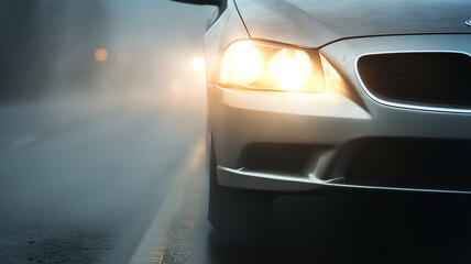 Fototapeta na wymiar the headlights of a car on an autumn road in fog, the weather is a dangerous road in November
