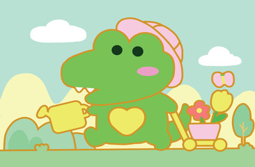 Little Crocodile walking to planting flowers cartoon style.