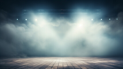 stage fog, smoke in the background light of theater spotlights on an empty stage, illuminated podium in the hall