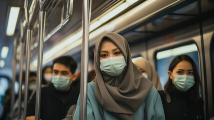 Person wearing mask in public transport - obrazy, fototapety, plakaty