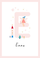 Cute Cartoon Magical Little Fairy in Magical World. Awesome Baby Name Print with Fairy, Birds, Cactle. Kids Name Poster for Toddlers, Nursery Room Decor in Flat Style. Letter - E