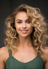 Fototapeta premium A woman, beautiful, smiling, blonde curly hair, green eyes, light skin, wearing a dress with large decollate, light red lipstick.