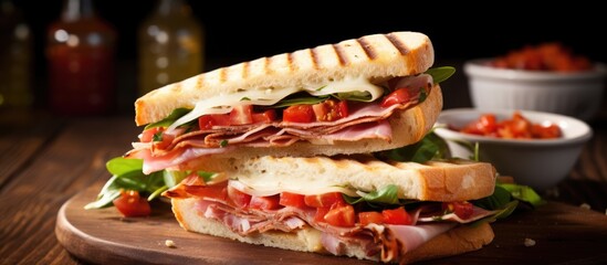 Panini with ham, tomato, cheese, and basil in a club sandwich