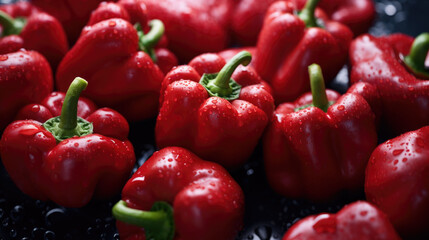 Closeup image of a bunch of freshly picked red bell peppers with drops of water.
