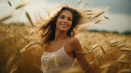 beautiful woman dance in the wheat field.