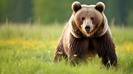 Obraz premium Wild brown bear on the grass field.