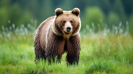 Obraz premium Wild brown bear on the grass field.