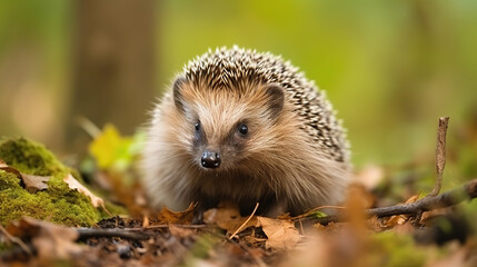 Naklejka premium Close-up of Young hedgehog in natural habitat.