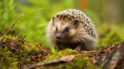 Fototapeta premium Close-up of Young hedgehog in natural habitat.