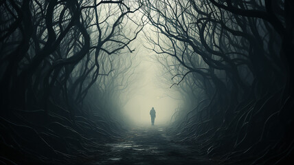 halloween gloomy dark background autumn forest of horror, round arch of branches, entrance to the foggy, small silhouette of a human figure