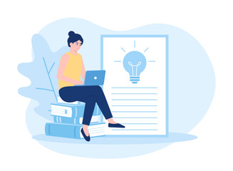 girl with laptop sitting on books doing assignments online education concept flat illustration