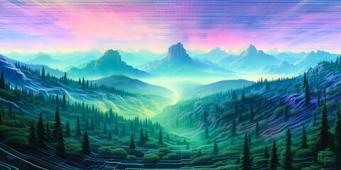 Digital landscape with computer graphics lines in the sky and ground, wide banner background