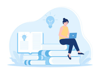 woman sitting on a book with online learning concept concept flat illustration