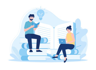 people read and search for knowledge in books and on the internet trending concept flat illustration concept flat illustration