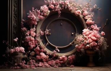floral hoop digital backdrops. shoot set up with prop Flower and wood backdrop. Flower on hanging round - obrazy, fototapety, plakaty