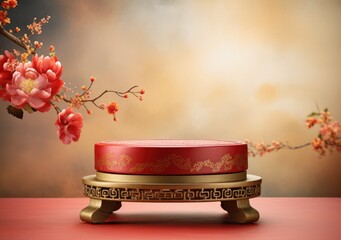 Chinese New Year red and golden theme podium scene with 3D  oriental festive elements on background for product display - obrazy, fototapety, plakaty