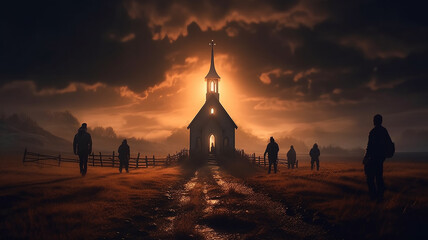 landscape sunset people go to a lonely church against the background of the sunset sky faith religion. - obrazy, fototapety, plakaty