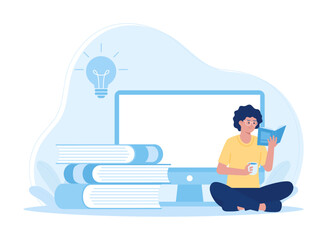 woman reading a book with a computer in the background concept flat illustration
