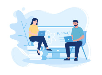 people sitting with laptops discussing math lessons concept flat illustration