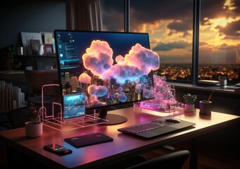 Business cloud computing: digital screen with application cloud service at neon style