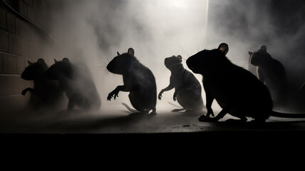 black and white silhouettes of rats in the fog and live disinfection destruction of rodents. - obrazy, fototapety, plakaty