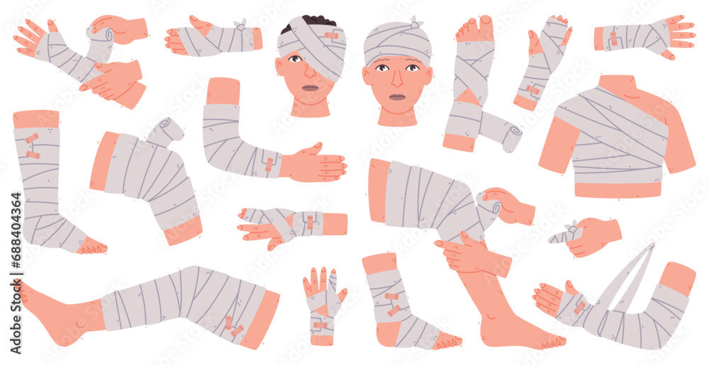 Sticker Bandaged Body Part as First Aid when Injured Vector Set