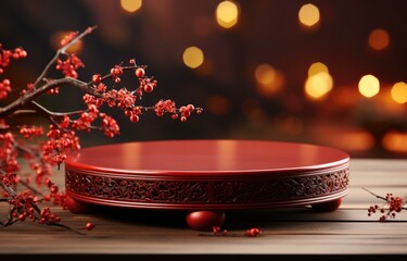 Chinese New Year red and golden theme podium scene with 3D  oriental festive elements on background for product display - obrazy, fototapety, plakaty