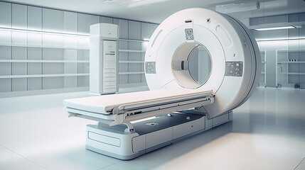 an MRI machine in the interior of a bright hospital. - obrazy, fototapety, plakaty