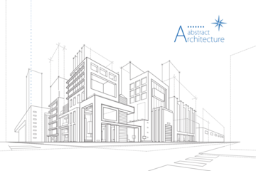 Foto op Plexiglas 3D illustration, abstract modern urban landscape line drawing, imaginative architecture building construction perspective design. © yewkeo