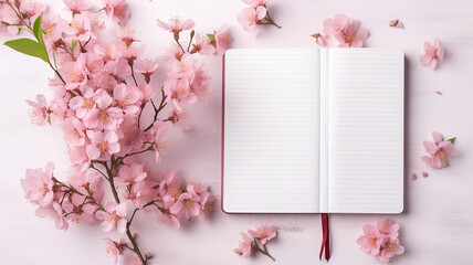 notepad background sakura flowers idea spring. - obrazy, fototapety, plakaty