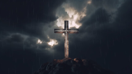 a glowing cross against a gloomy sky concept faith religion. - obrazy, fototapety, plakaty