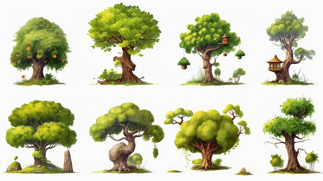 collection of cartoon painted trees.