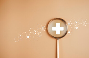 Health insurance and community benefit for healthcare medical concept. Magnifier focus on medical icon and pharmacy, life, patient, treatment icon around, Health care awareness rising growth.