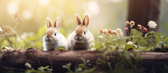 Fototapeta premium Pair of bunnies in yard.