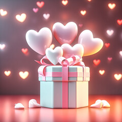 Cute gift box full of hearts, soft lighting, soft pastel colors,