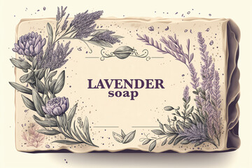 Lavender bar soap Packaging design. Vintage soap label template with silhouette lavander. Cosmetic Lavender Soap With Lavender Flowers Vector Illustration - obrazy, fototapety, plakaty