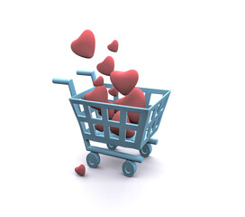 A blue supermarket cart filled with pink hearts on a white background.I love shopping.Three-dimensional rendering.