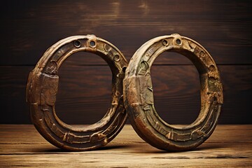 horseshoes rusty old Two rusteaten shoe good luck horseshoe horse iron success symbol wooden steel lucky metal texture signs amulet superstition wish vintage board background charme day - obrazy, fototapety, plakaty