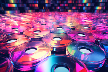 Piles of CDs, 1990s aesthetic, retro nostalgia, old vintage technology, background - obrazy, fototapety, plakaty