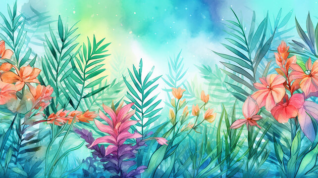 abstract summer watercolor background flowers landscape vacation.