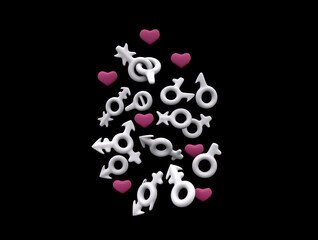 white signs of sexual orientation, ra LGBT K+ community and pink hearts 3d rendering,on a black background