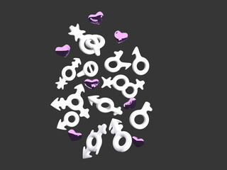 white signs of sexual orientation, LGBT K+ community and pink hearts 3d rendering,on a gray background