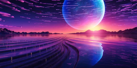 Rolgordijnen Science fiction space landscape, large blue planet, purple wavy surface, synthwave cyberpunk 3d graphics, wide banner background, night, purple © Sunshower Shots