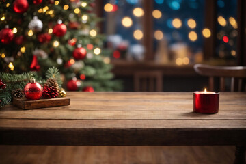 Fototapeta na wymiar Empty wooden table with christmas decoration theme in blurry background 
