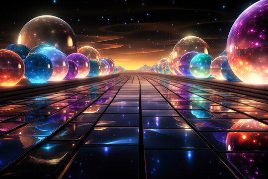 Abstract star filled spheres in sci fi scene, 3d graphics, empty background